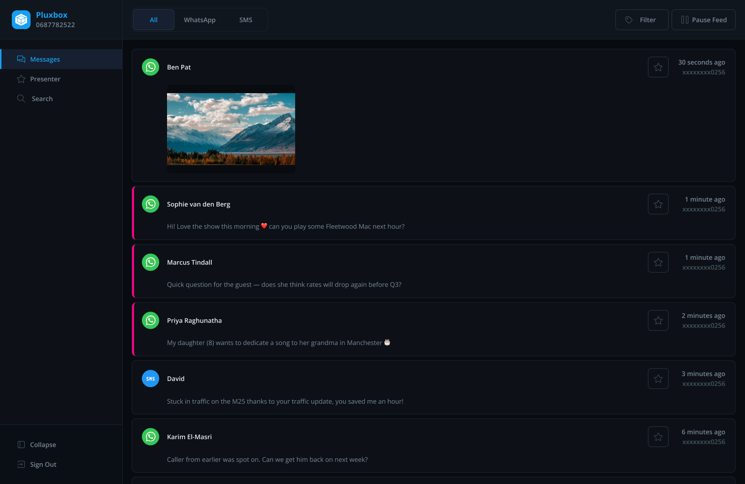 Messaging dashboard showing incoming audience messages via Whatsapp and SMS
