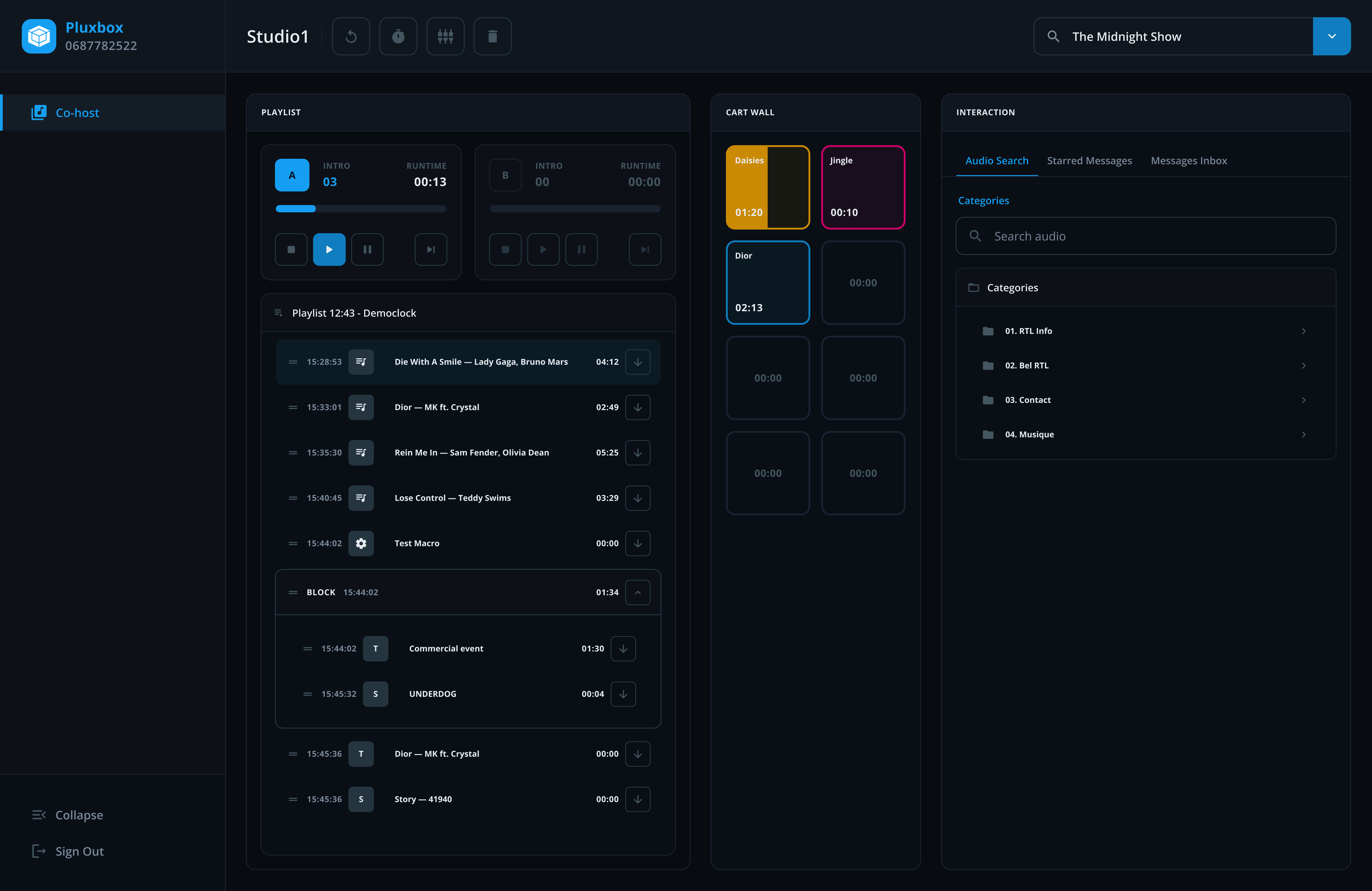 CoreOC Radio Co-Host interface showing live playlist, cart wall, and listener message inbox
