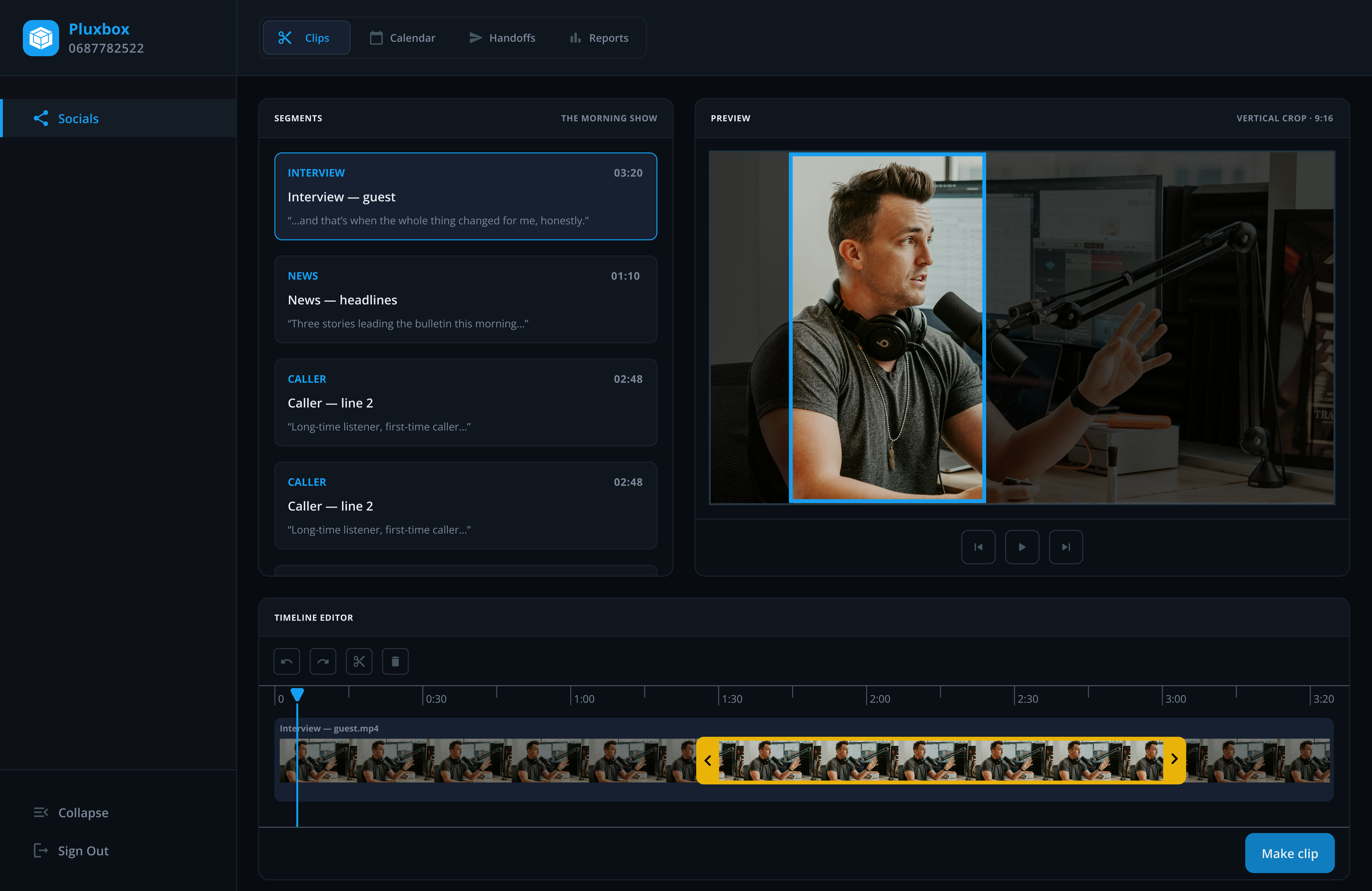 CoreOC Social Production interface showing show segments, vertical video crop, and timeline editor