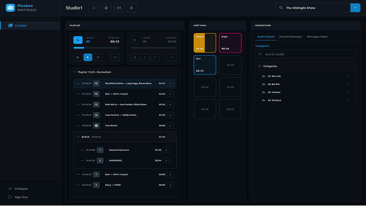 CoreOC Vodcast studio interface with live teleprompter script, video preview, and scene controls