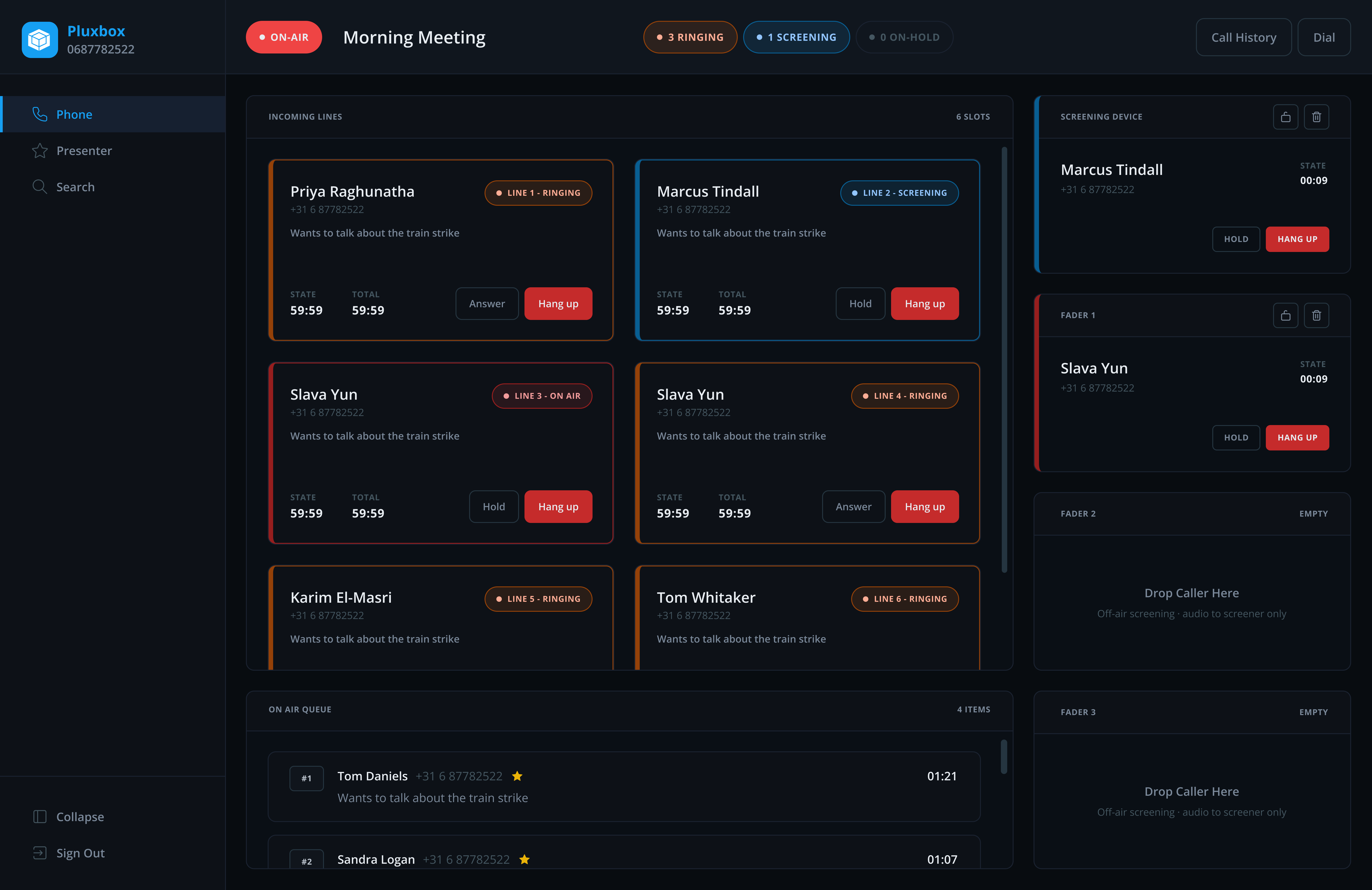 CoreOC phone system dashboard showing live caller queue with status and call details