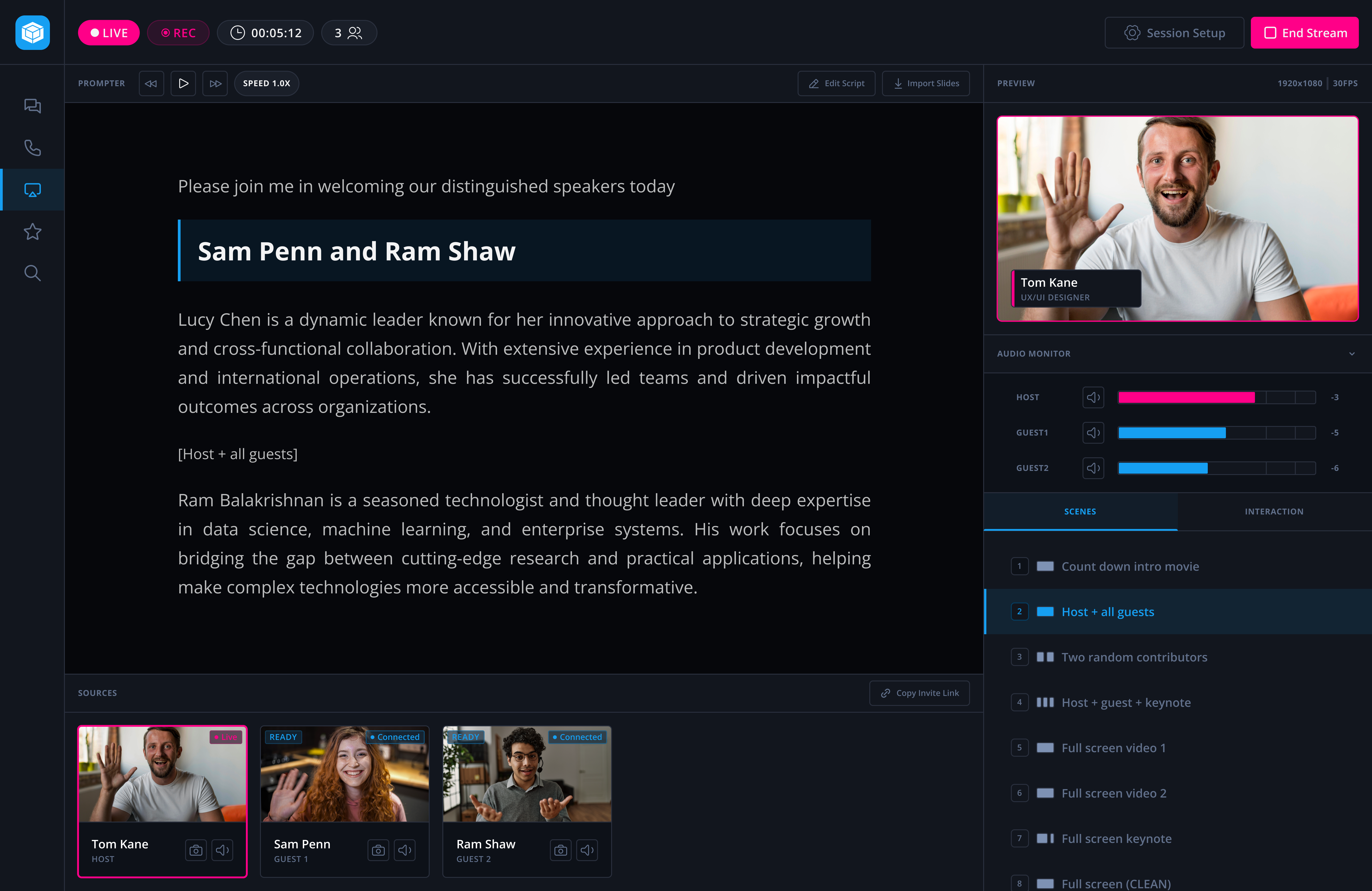 CoreOC Vodcast studio interface with live teleprompter script, video preview, and scene controls